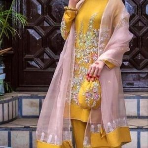 Hand embroidered mustard colored salwar kameez.  BRAND NEW! Three piece set.